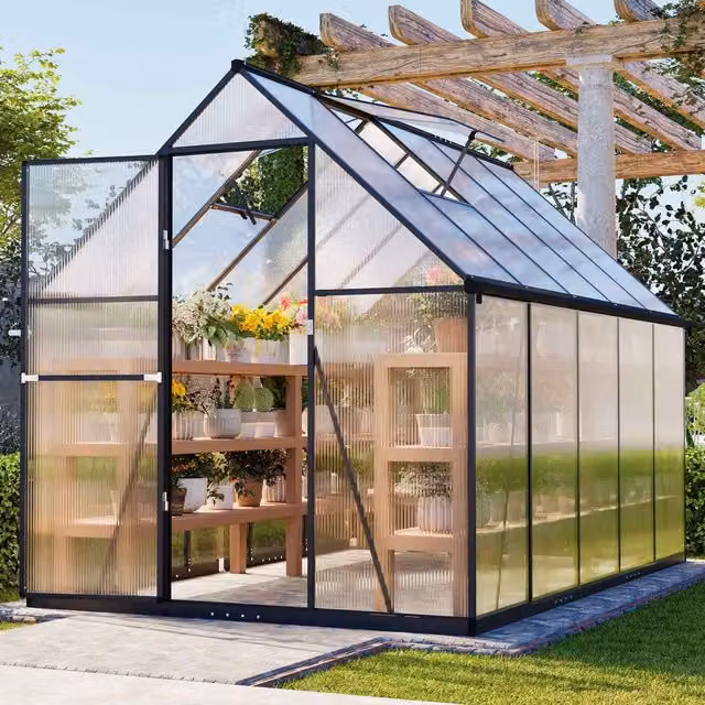 BIRCHTREE Polycarbonate Walk-In Greenhouse with Aluminium Frame in Dark Grey