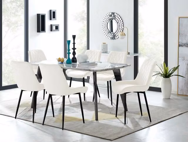 FurnitureboxUK Andria White Marble Effect 6 Seater Dining Table and 6 Pesaro Cream Soft Velvet Chairs
