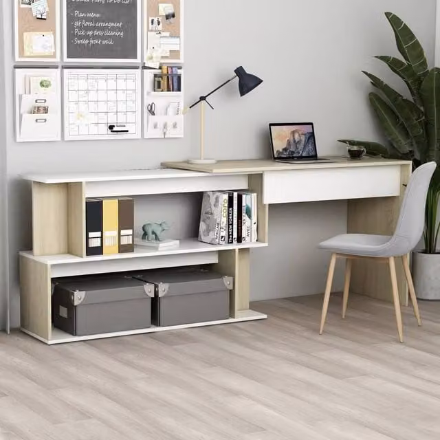 Berkfield Home Corner Desk in White and Sonoma Oak, W/D/H: 200 x 50 x 76 cm – 1