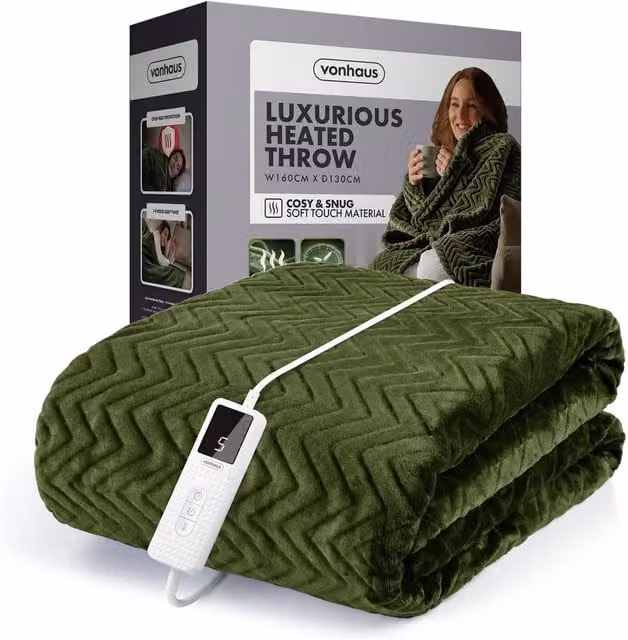 VonHaus Dark Olive Heated Throw Blanket with Remote Control and Auto Shut-off
