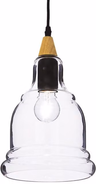 Ideal Lux Gretel Industrial Single Light Ceiling Pendant in Black with Wood and Transparent Glass