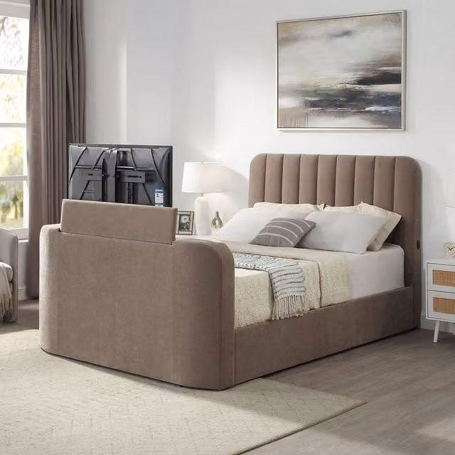 Aspire Cresta Curved Chenille TV Bed with Ottoman Storage in Beige, King Size – 1