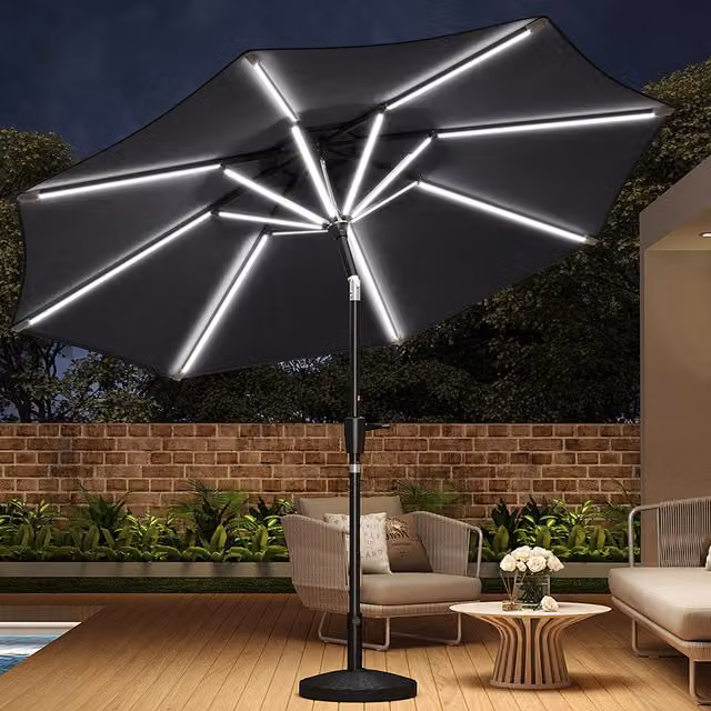 Livingandhome LED Strips Garden Parasol with Round Base, Dark Grey
