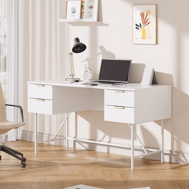 Livingandhome Modern White Striped Writing Desk with Dual Pedestals for Home Office