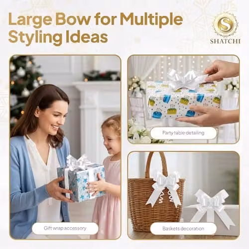 Shatchi White Ribbon Pull Bows for Gift Wrapping and Party Decorations, 60 Pieces, 3 cm – 4