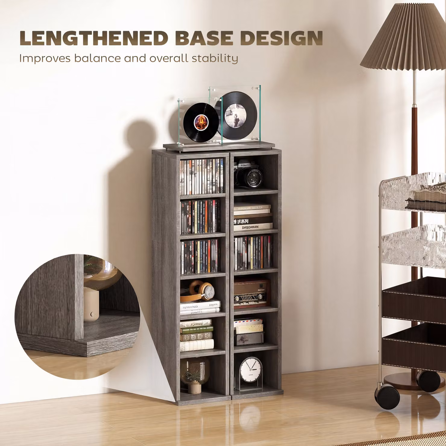 HOMCOM Set of 2 CD Media Display Tower Racks with Adjustable Shelves in Distressed Grey – 7