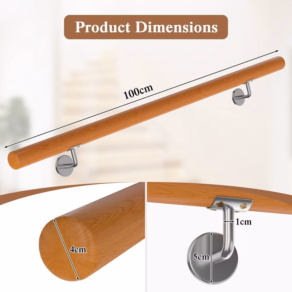 Gymax Beech Wood Staircase Handrail with Stainless Steel Wall Mount, Brown, Length: 100 cm – 2