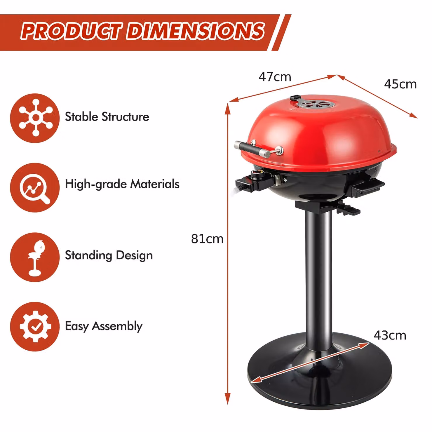 Costway Portable Electric BBQ Standing Grill with Grilling Rack and Cart, Red, W/D/H: 81 x 47 x 45 cm – 3