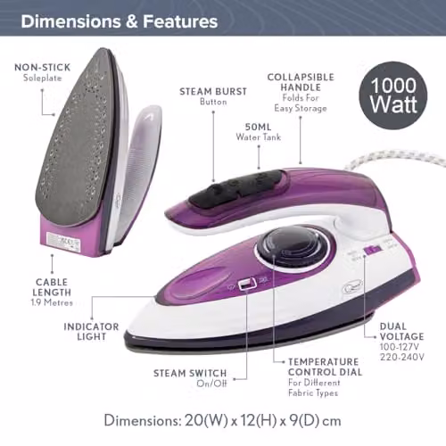 Quest 34030 1000W Travel Steam Iron with Collapsible Ergonomic Handle, Non-Stick Soleplate and 50ml Water Tank in Purple and White – 2