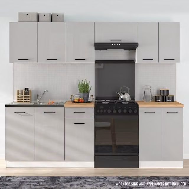 Heze Furniture Summer 7 Unit Modern Kitchen Cabinet Set in Grey Gloss, H 240 cm x W 240 cm x D 47 cm