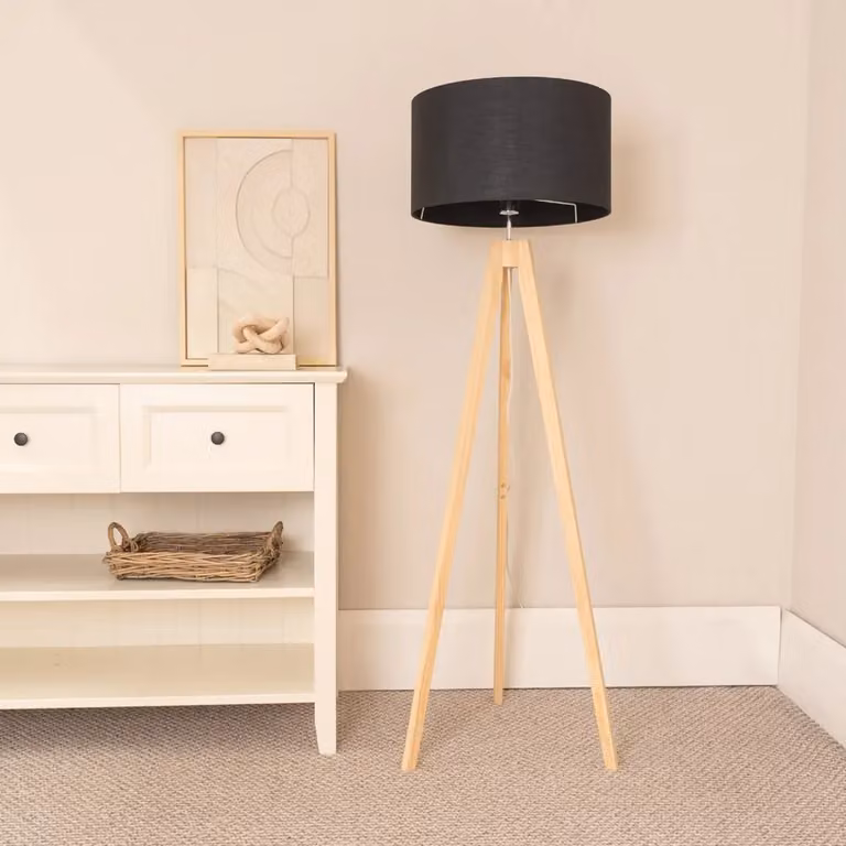ValueLights Jackson Natural Wood Tripod Floor Lamp with White Fabric Cylinder Shade, H 150 x W 45 x D 45 cm