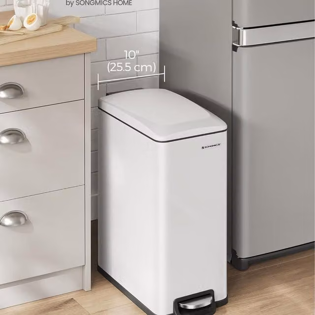 SONGMICS Slim White Pedal Kitchen Bin with Soft Close Lid and Removable Inner Bucket