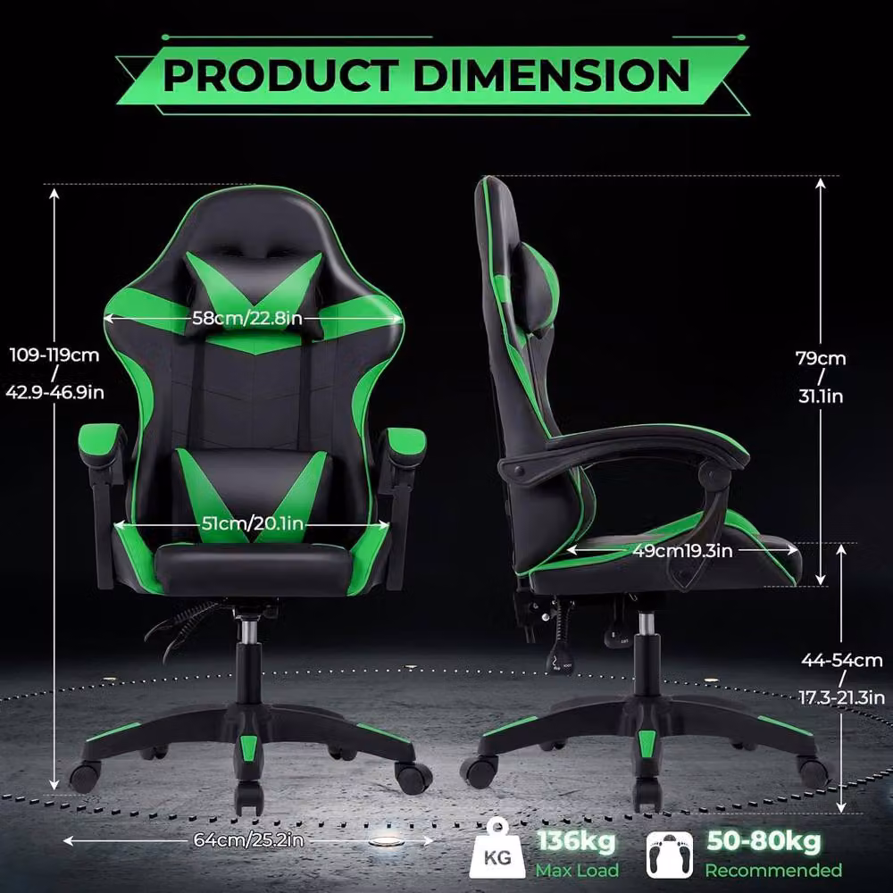 Lishetimig Ergonomic Green PU Leather Gaming Chair with Headrest and Armrests – 2