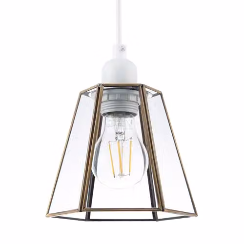 Happy Homewares Industrial Hexagonal Lantern Pendant Lamp Shade in Antique Brass with Transparent Glass Panels, W/D/H: 14 x 14 x 16 cm – 1