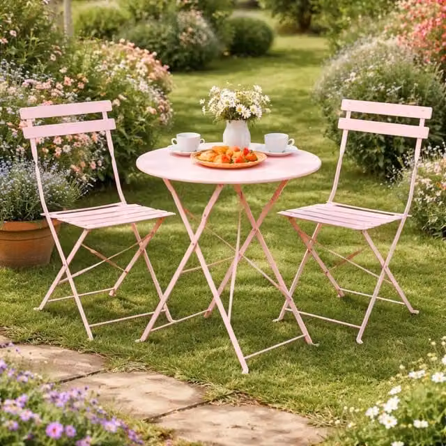 Marco Paul Pink 3 Piece Folding Metal Outdoor Dining Set – 1