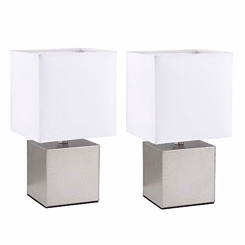 MiniSun Set of 2 Modern Cube Design Dimmable Touch Table Lamps with White Fabric Shades in Silver and Chrome – 1