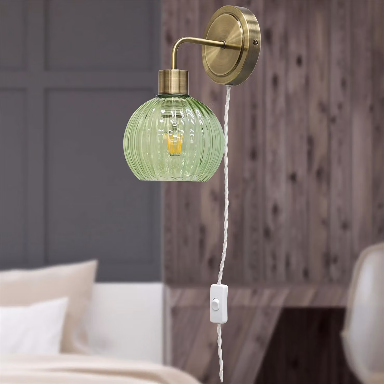 First Choice Lighting Toby Set of 2 Plug-in Wall Lights with Green Glass Globe Shades in Antique Brass and Gold – 2