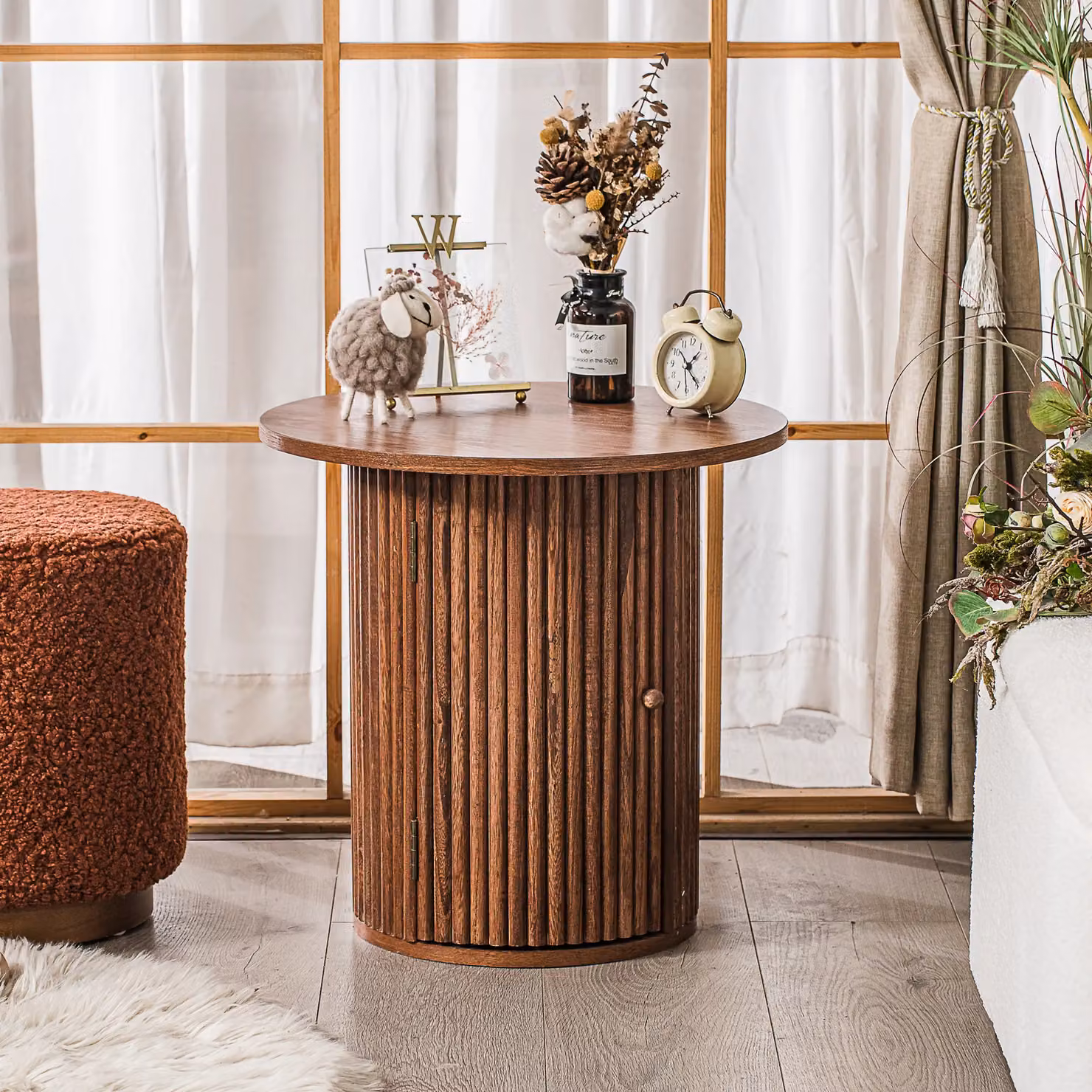 Nordlys Modern Round Wooden Side Table with Storage Tray in Brown – 2