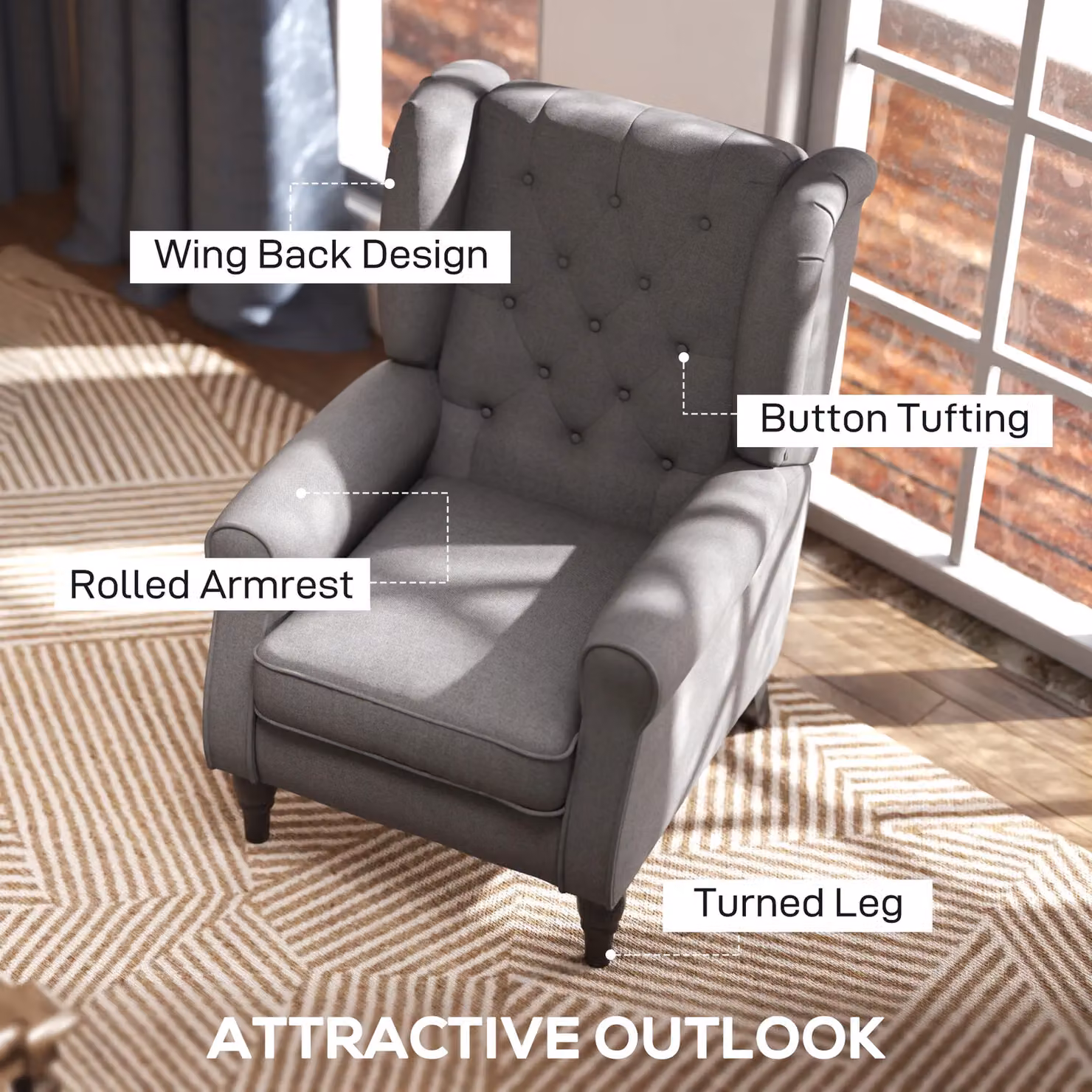 HOMCOM Wingback Occasional Armchair with Solid Wood Frame and Foam Cushion in Dark Grey Linen Fabric – 4
