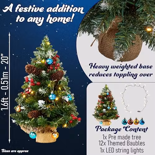 Harry Potter Pre-lit Mini Artificial Tabletop Christmas Tree with 12 Baubles and LED White String Lights, Green and Multicolour – 10