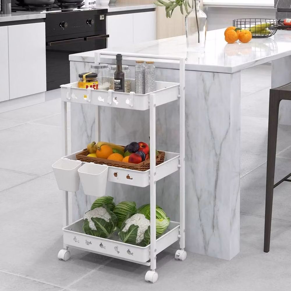 VOGREX 3-Tier Rolling Utility Storage Cart with 4 Hooks in White – 2
