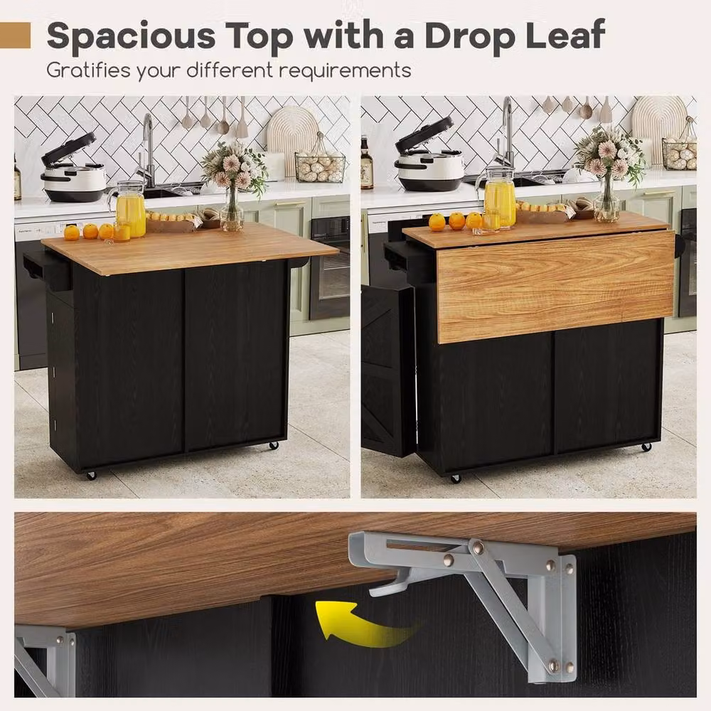 FORGEVIO Mobile Kitchen Island Table with Rubber Wheels in Black Matt Wood – 4
