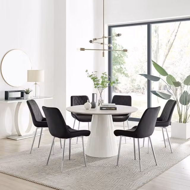 FurnitureboxUK Palma Beige Stone Effect Round Dining Table and 6 Pesaro Silver Chairs in Black