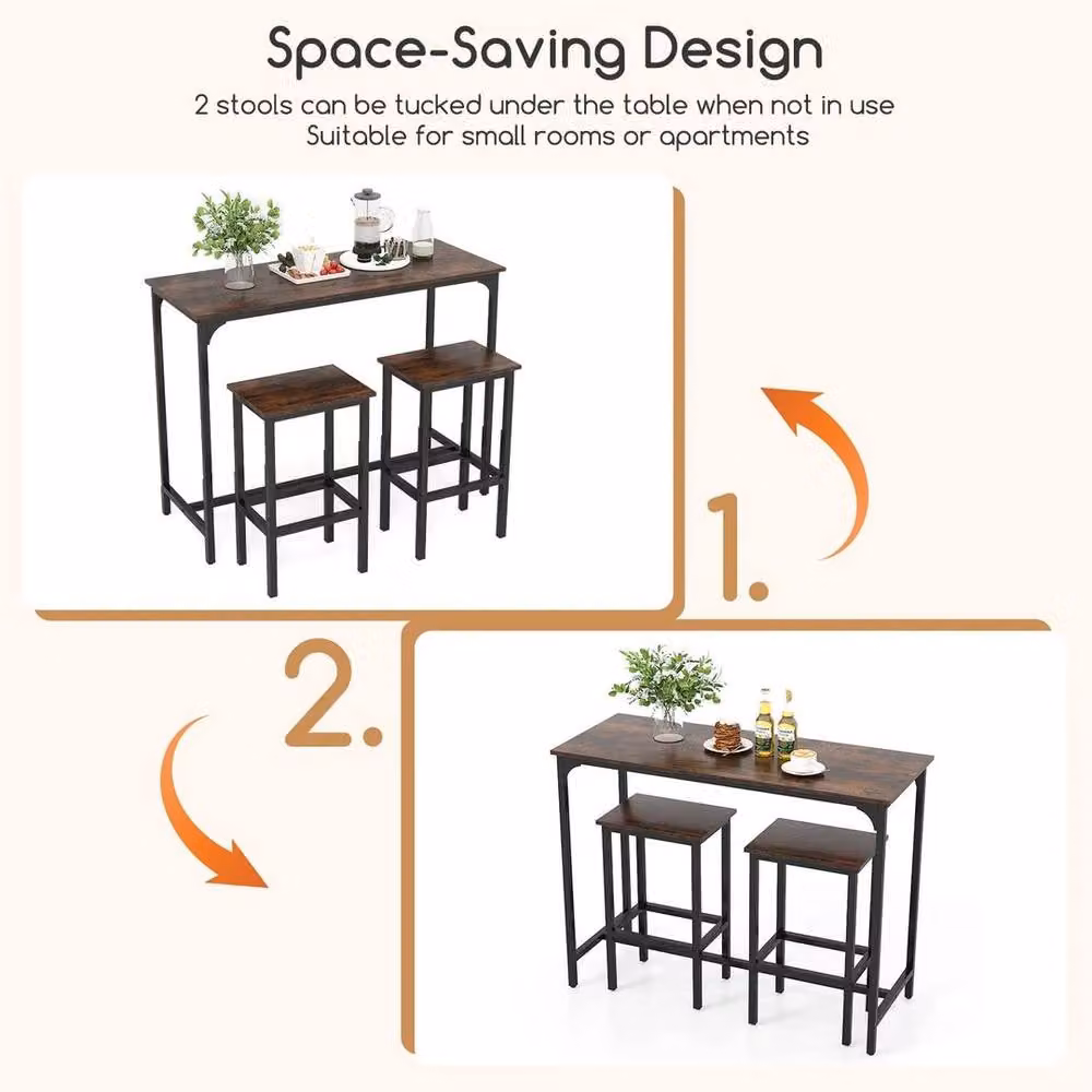 KORVIXA Industrial Kitchen Table and 2 Bar Stools Set, Brown, W/D/H: 100 x 100 x 100 cm – 3