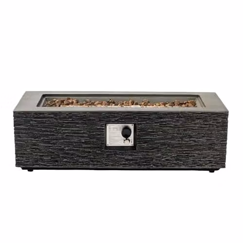 Teamson Home Rectangular Propane Gas Fire Pit Table in Grey Faux Stone Finish with Electronic Ignition and Adjustable Smokeless Flame – 1