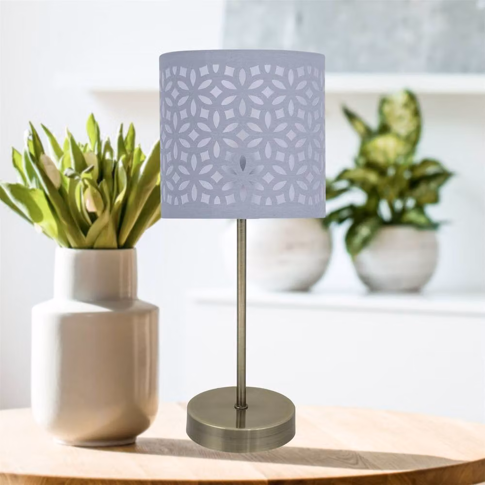 First Choice Lighting Set of 2 Antique Brass Stick Table Lamps with Grey Fabric Shades – 3