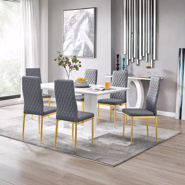 FurnitureboxUK Imperia White Rectangular Dining Table and 6 Milan Gold Leg Chairs in Grey, W: 150 cm, D: 90 cm, H: 75 cm