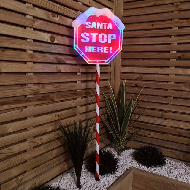 Samuel Alexander Premier Christmas Light Up Santa Stop Here Garden Patio Sign, Red and Multicolour, Height: 110 cm – 1