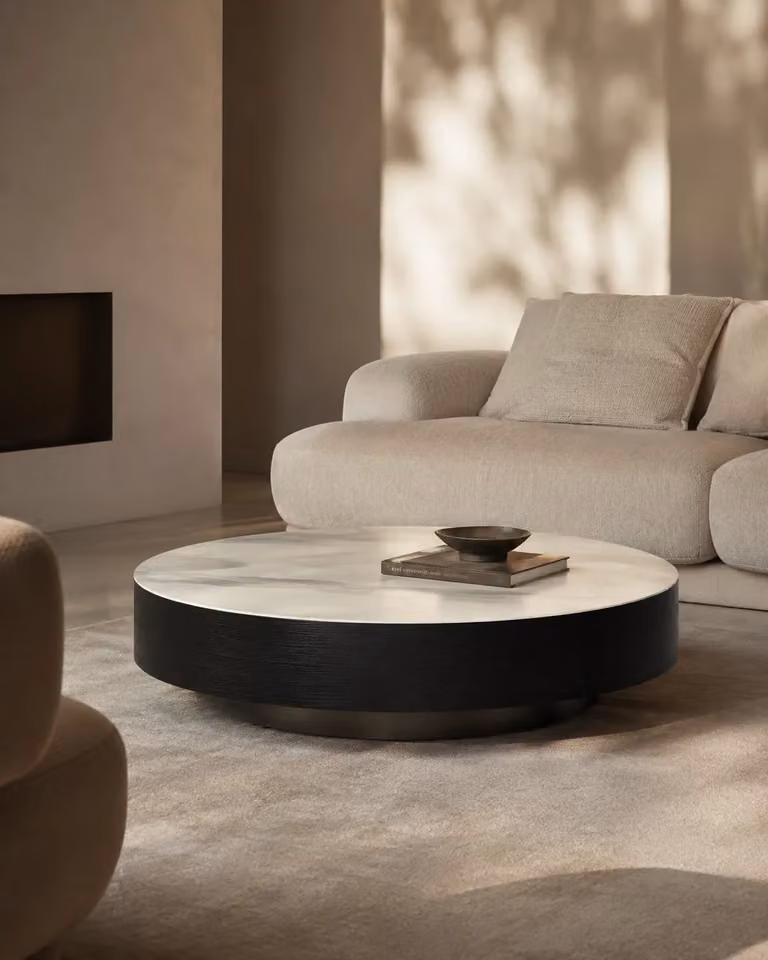 Tommy Franks Coin Coffee Table in White and Grey Round Ceramic and Metal Design