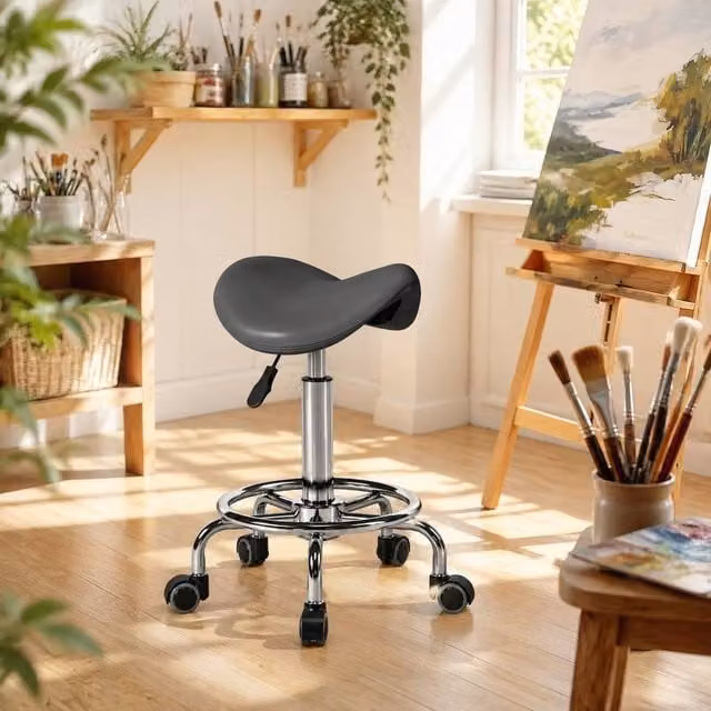 STILVORA Grey PU Leather Saddle Stool with Adjustable Height and Castors
