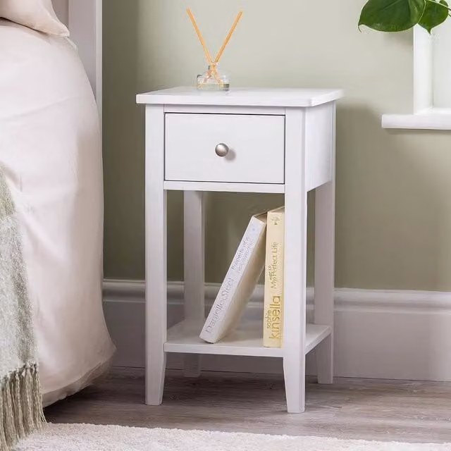 FORGEVIO White Slim Narrow Bedside Table with Drawer and Shelf, Modern Nightstand, H 57.0 x W 23.6 x D 17.2 cm