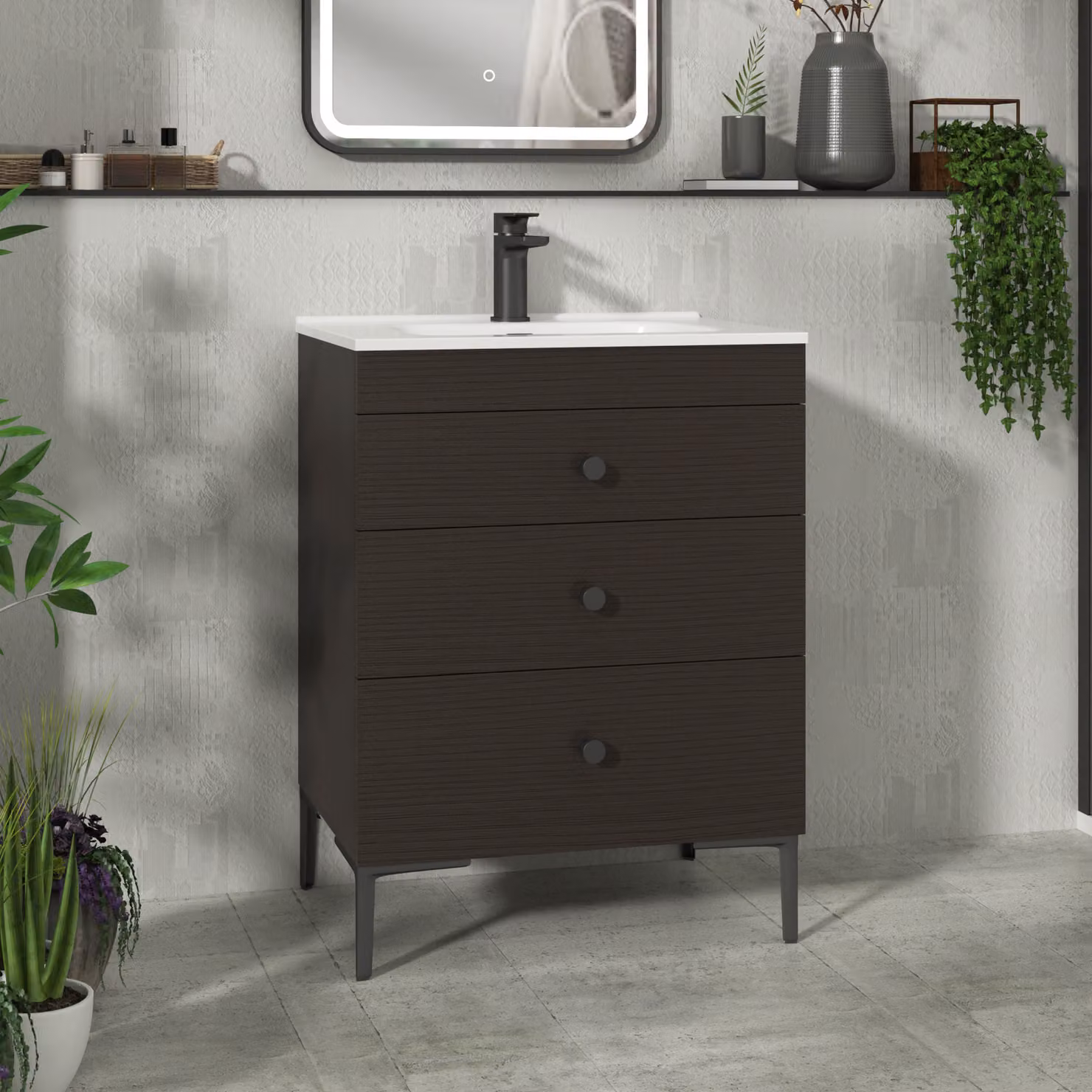 Royal Bathrooms Verona 600mm Walnut Woodgrain Floor Standing 3 Drawer Vanity Unit with Ceramic Basin and Matt Black Knob