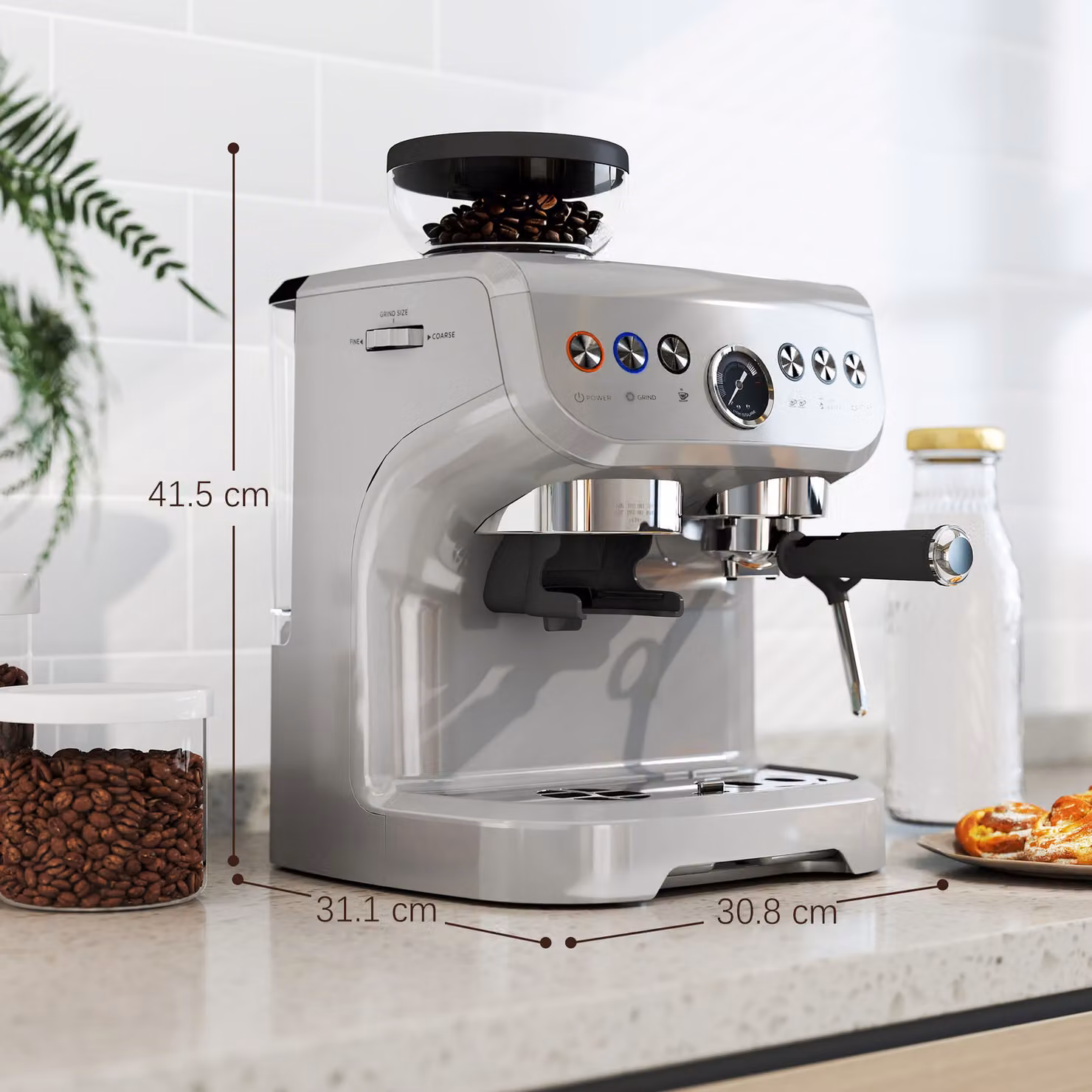 HOMCOM 15 Bar Espresso Coffee Machine with Adjustable Grind and Steam Wand in Silver – 3
