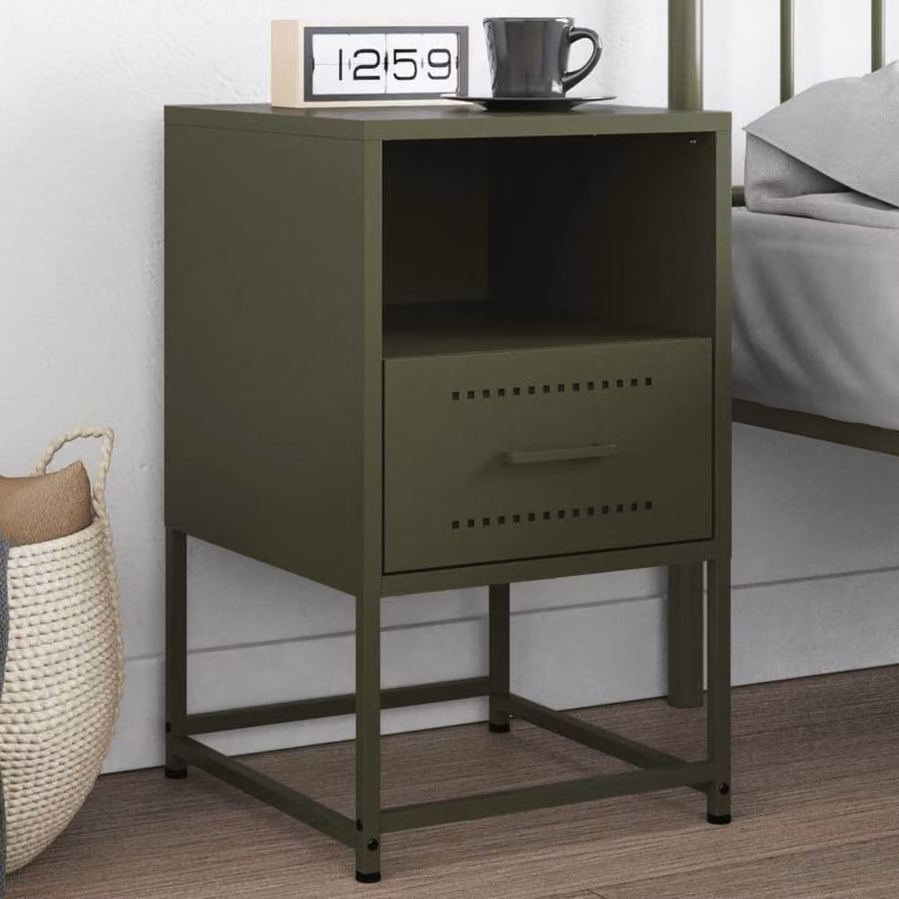 Berkfield Home Durable Metal Bedside Cabinet in Olive Green, W/D/H: 39 x 39 x 60.5 cm – 2