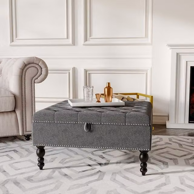Livingandhome Grey Rectangular Tufted Linen Storage Ottoman with Wood Legs, Width: 85 cm