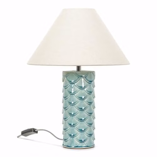 ValueLights Ceramic Aqua Mermaid Shell Scallop Bedside Table Lamp in Blue with Fabric Lampshade and LED Bulb – 1