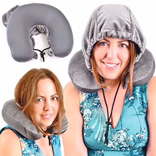 mysmartbuy Travel Pillow Hoodie in Grey, Soft Plush Neck Supporting Cushion with Drawstring Closure Hood, W/D/H: 32 x 30 x 9 cm – 1