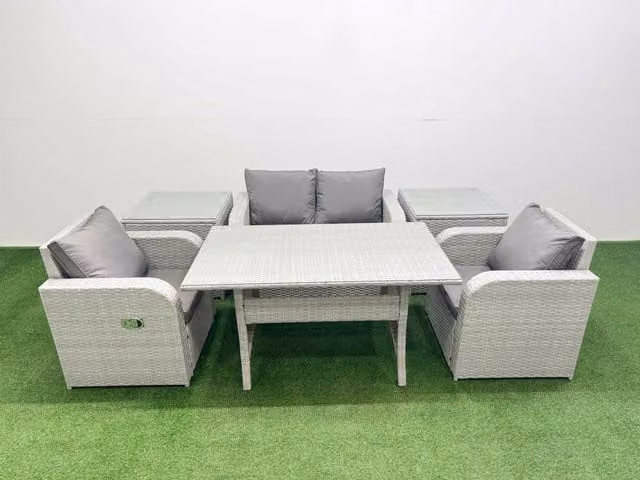Fimous 4 Seater Grey PE Wicker Rattan Garden Furniture Set with Rectangular Dining Table, Reclining Chairs and 2 Side Tables