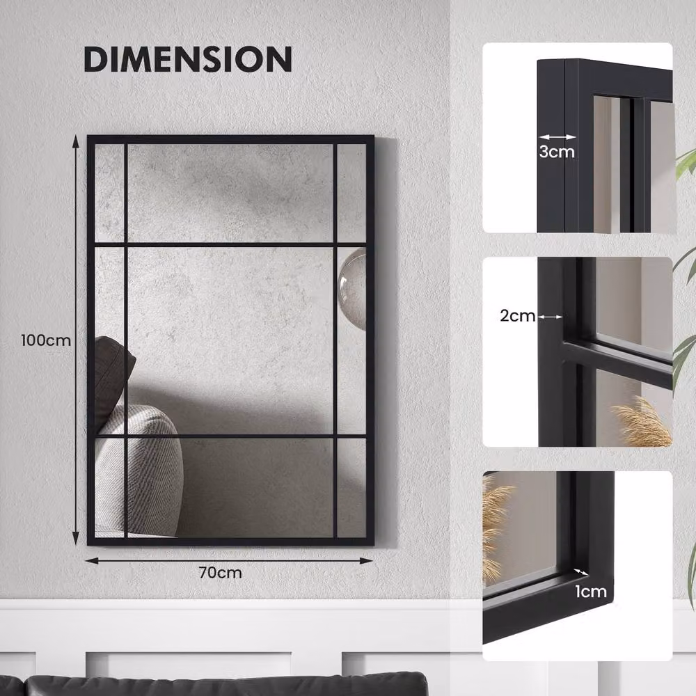 Costway Modern Rectangular Wall Mounted Decorative Mirror in Black, W: 100 cm, H: 70 cm – 2