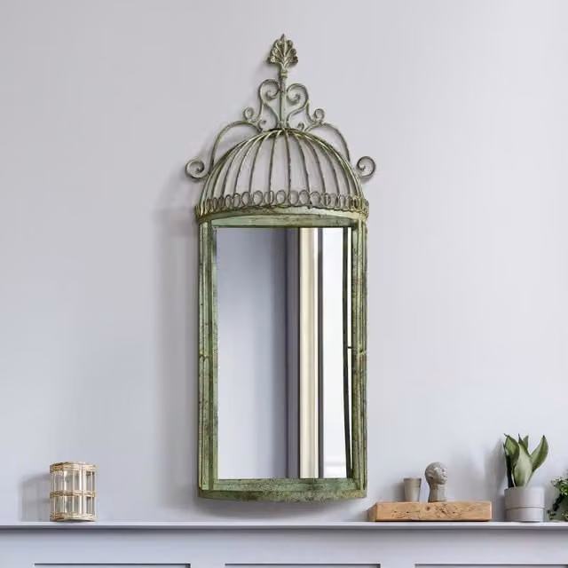 MirrorOutlet The Kirkby Rustic Metal Birdcage Shaped Decorative Wall Mirror in Green
