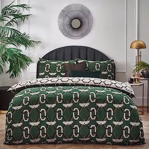 Furn Avalon Reversible Art Deco Geometric Duvet Cover and Pillowcase Set in Green and White, W/D/H: 180 x 200 cm – 1