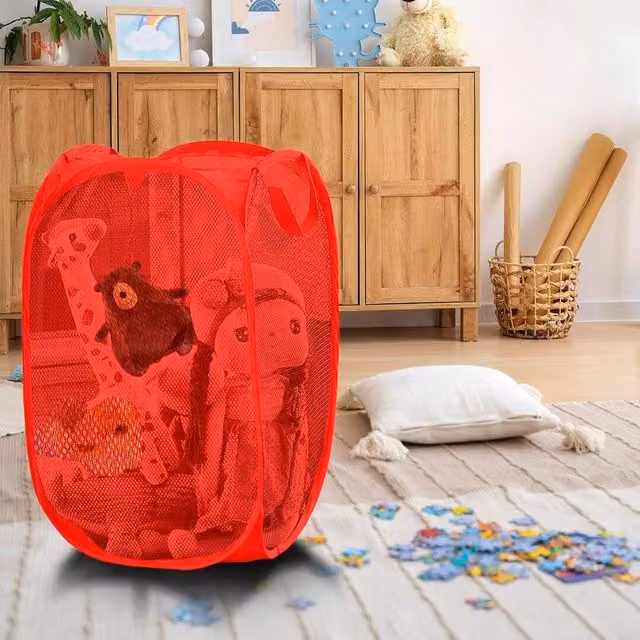 ATEK Collapsible Pop Up Laundry Basket with Handles and Side Pocket in Red – 1