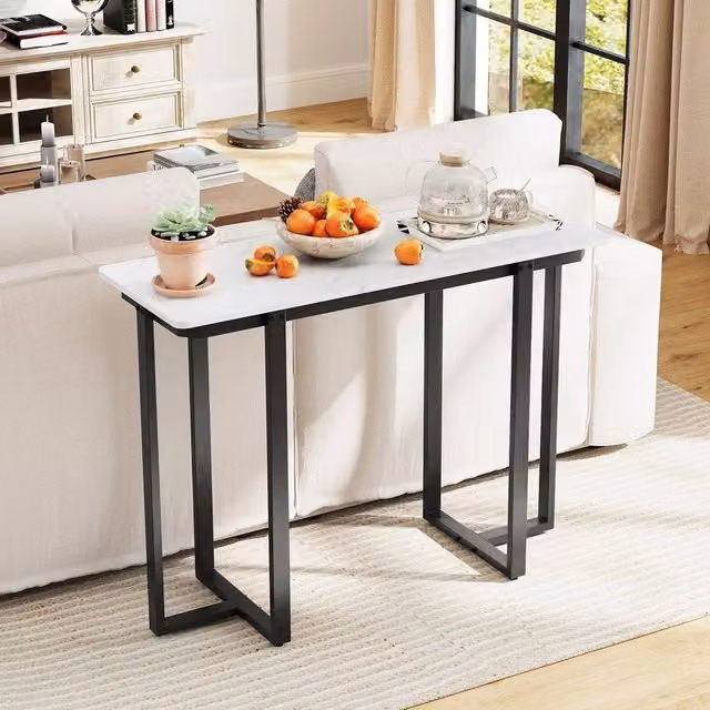 KORVIXA Modern Narrow White Marble and Metal Console Table with Geometric Design, Width: 100 cm – 1