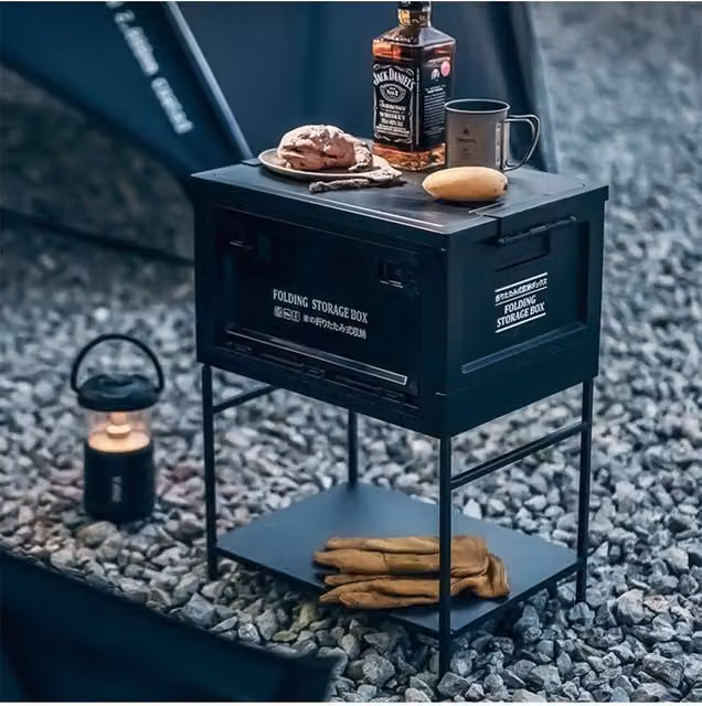 Living and Home Collapsible Camping Storage Box with Wood Shelf in Black – 1