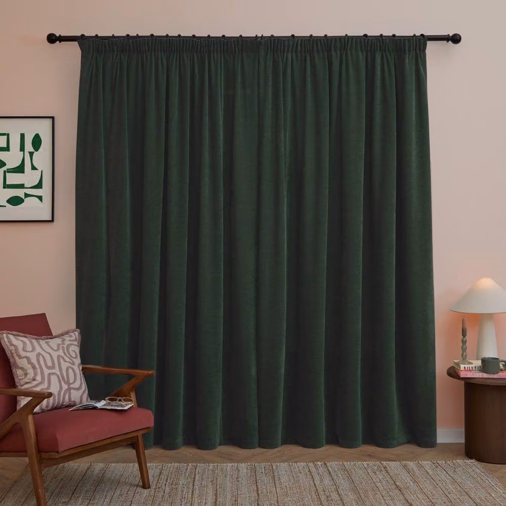 Furn Soft Chenille Blackout Pencil Pleat Curtain Pair in Bottle Green, Width: 229 cm, Drop: 137 cm – 2