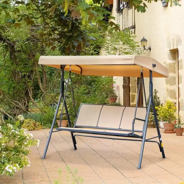 Outsunny 3 Seater Swing Chair with Sun Canopy in Beige and Brown